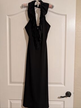 London Times® Classy Low-cut Doubled Ruffled Open Back "Little Black Dress"